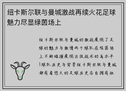 纽卡斯尔联与曼城激战再续火花足球魅力尽显绿茵场上